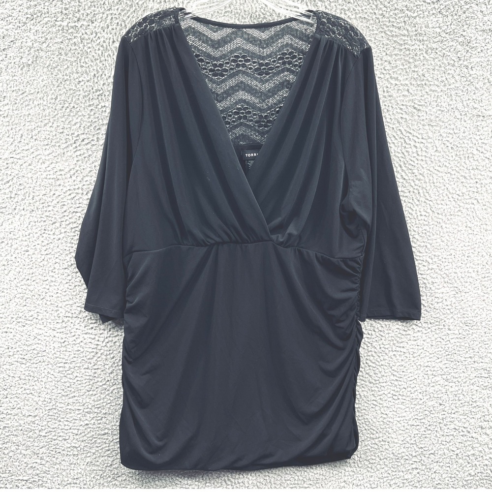 Torrid Women Tunic Top 3X Black Lace Ruched Draped V Neck Night Out Chic Holiday